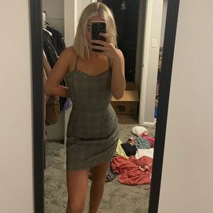 Black, grey, white, checkered, spaghetti strap, cross back, cocktail dress.